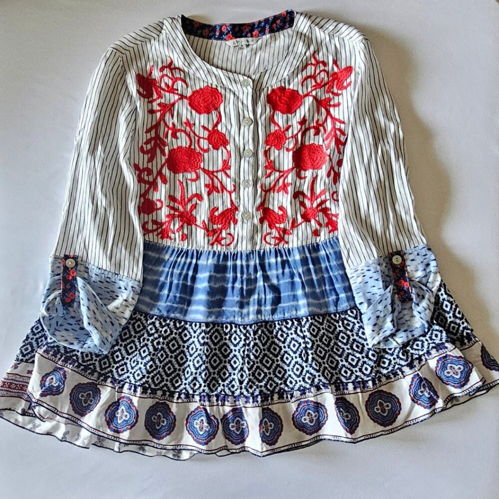 John Mark Red Embroidered & Blue Patchwork Tunic - Picture 7 of 8